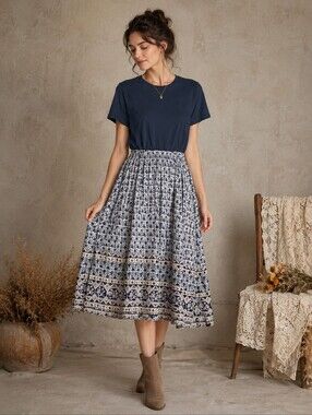 Thursday Island Midi Dress Womens S Navy Blue Fit & Flare BOHO Prairie